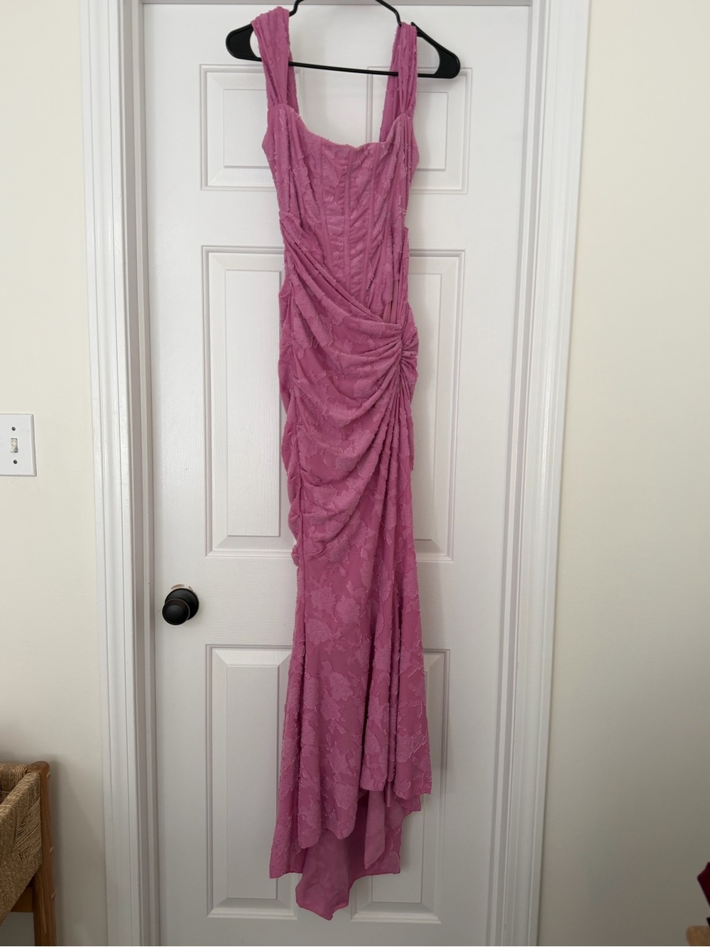 House of CB Cesca Floral Ruched High-Low Corset Dress in Warm Pink: Size M NWOT